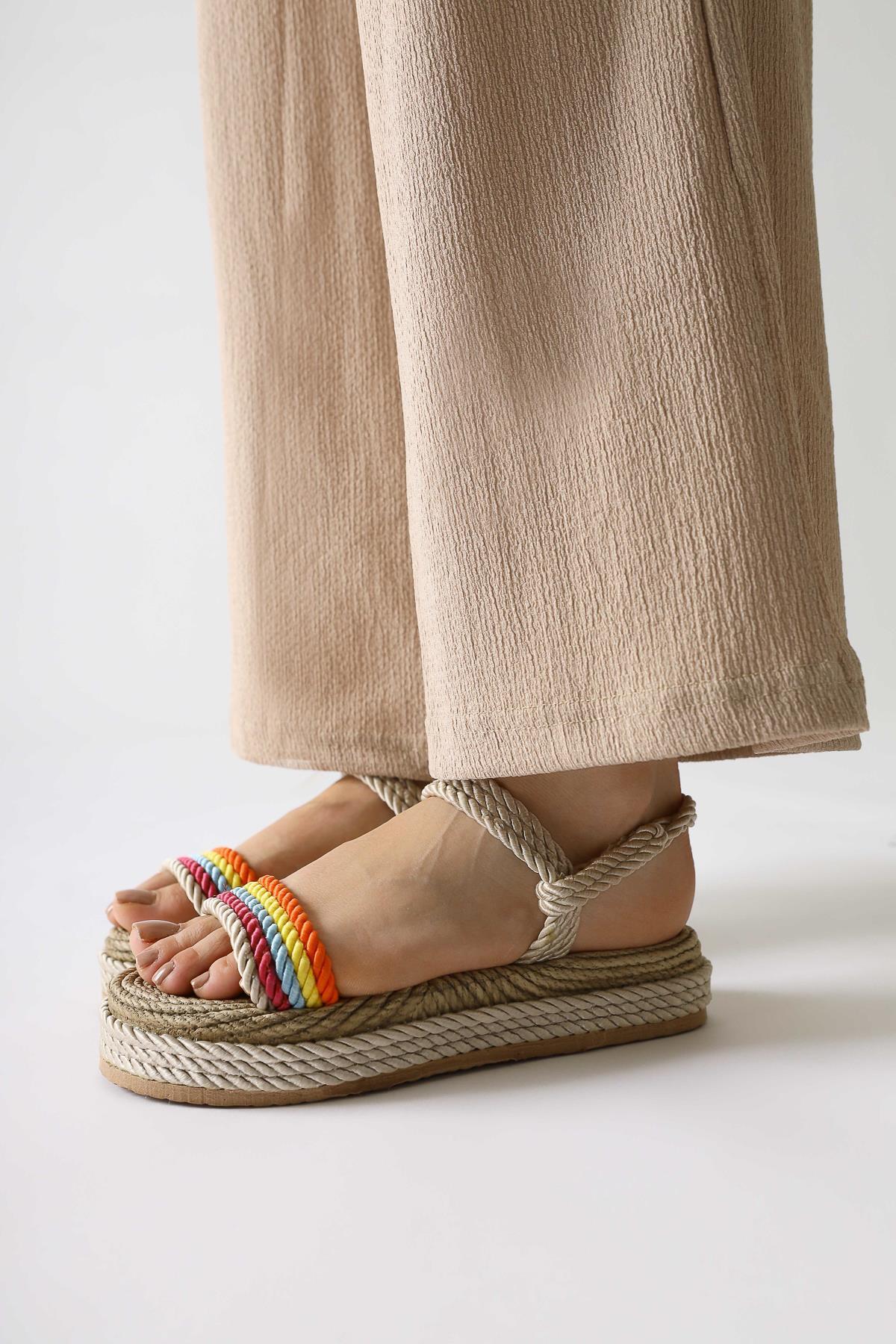 Velika Cream - Multicolor Thick Soled Rope Sandals