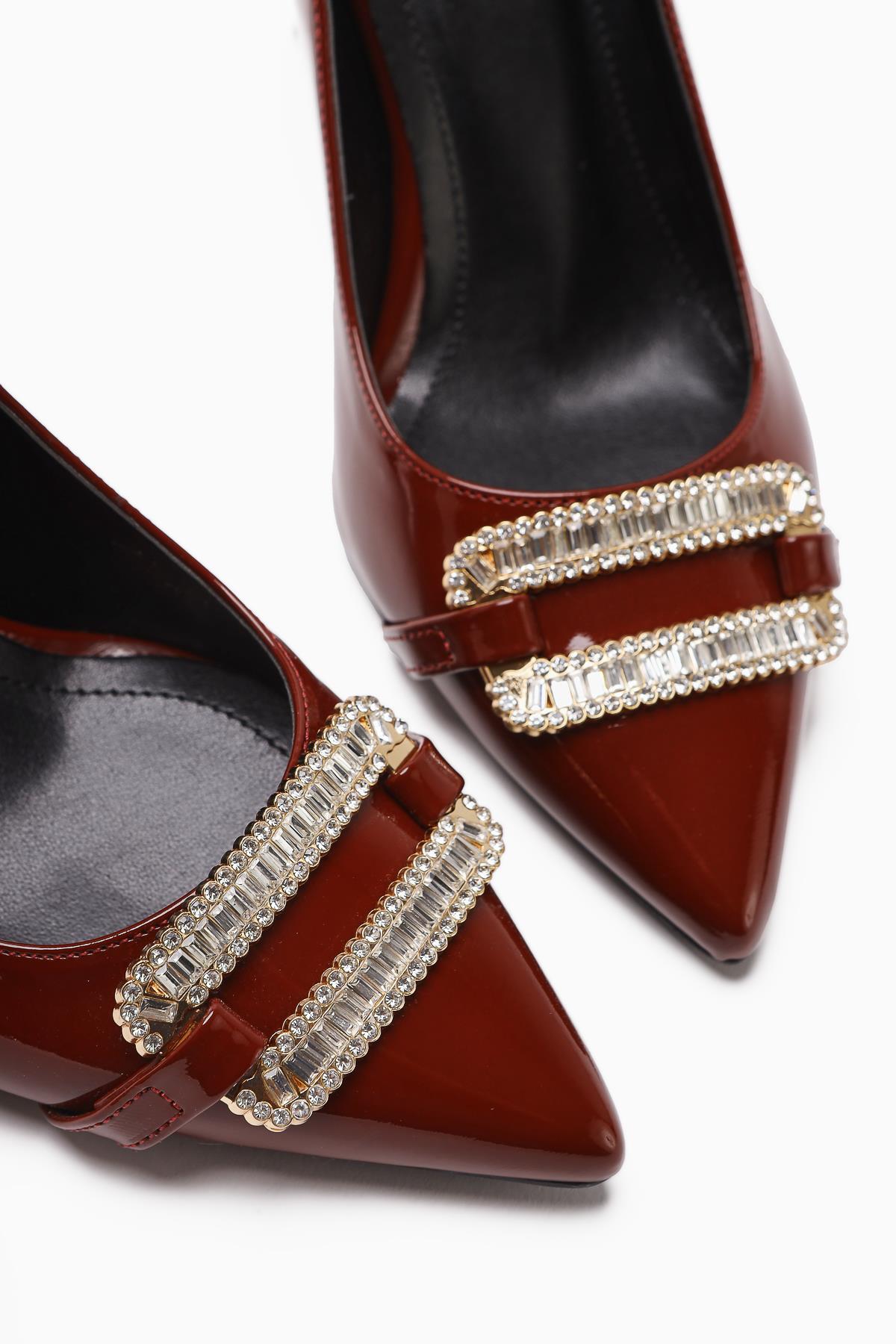Ania Maroon Patent Leather Pointed Toe Heels with Jewel Buckle Detail