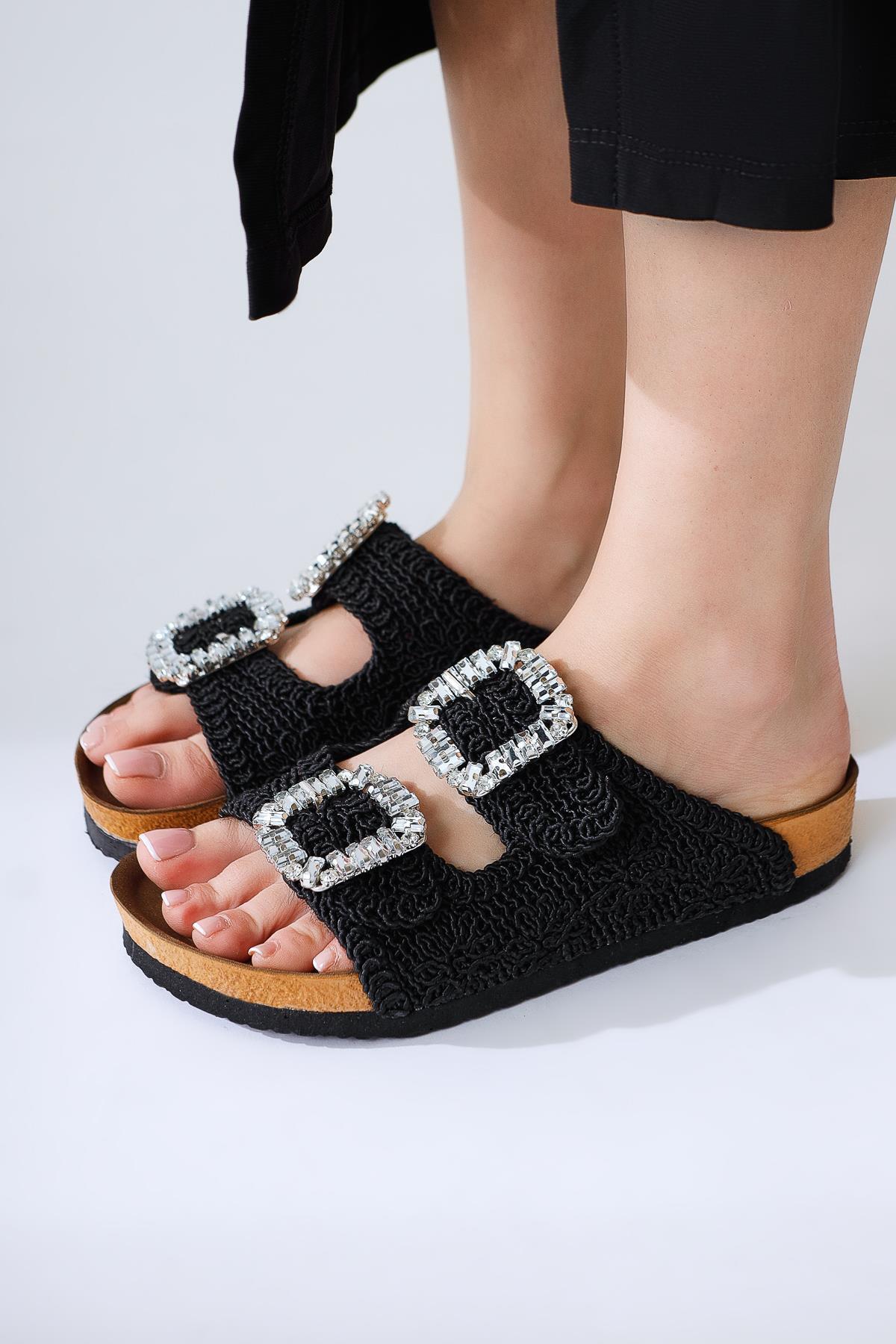 Ellina Black Double Strap Gemstone Buckle Detail Woven Slipper