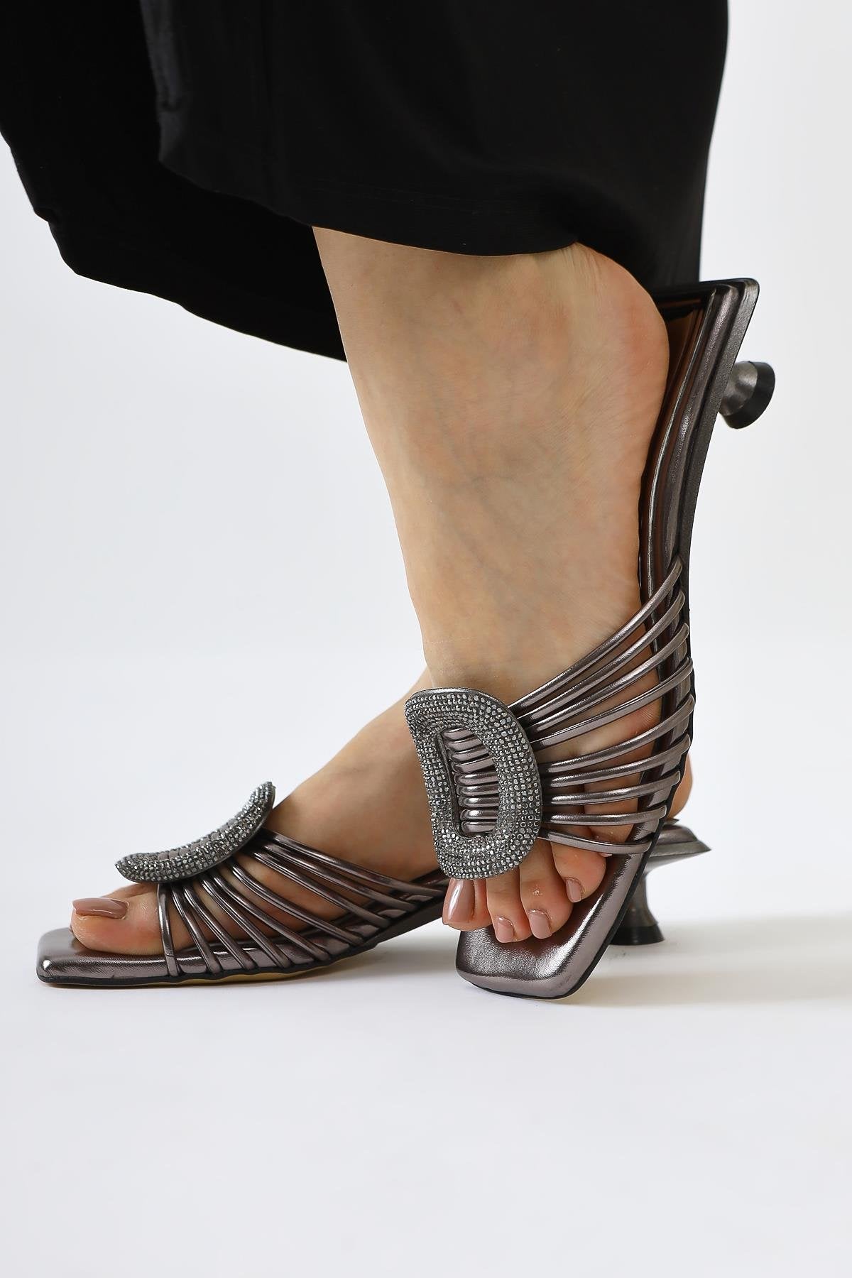 Katerin Platinum Patent Leather Sandals with Stone Buckle Detail