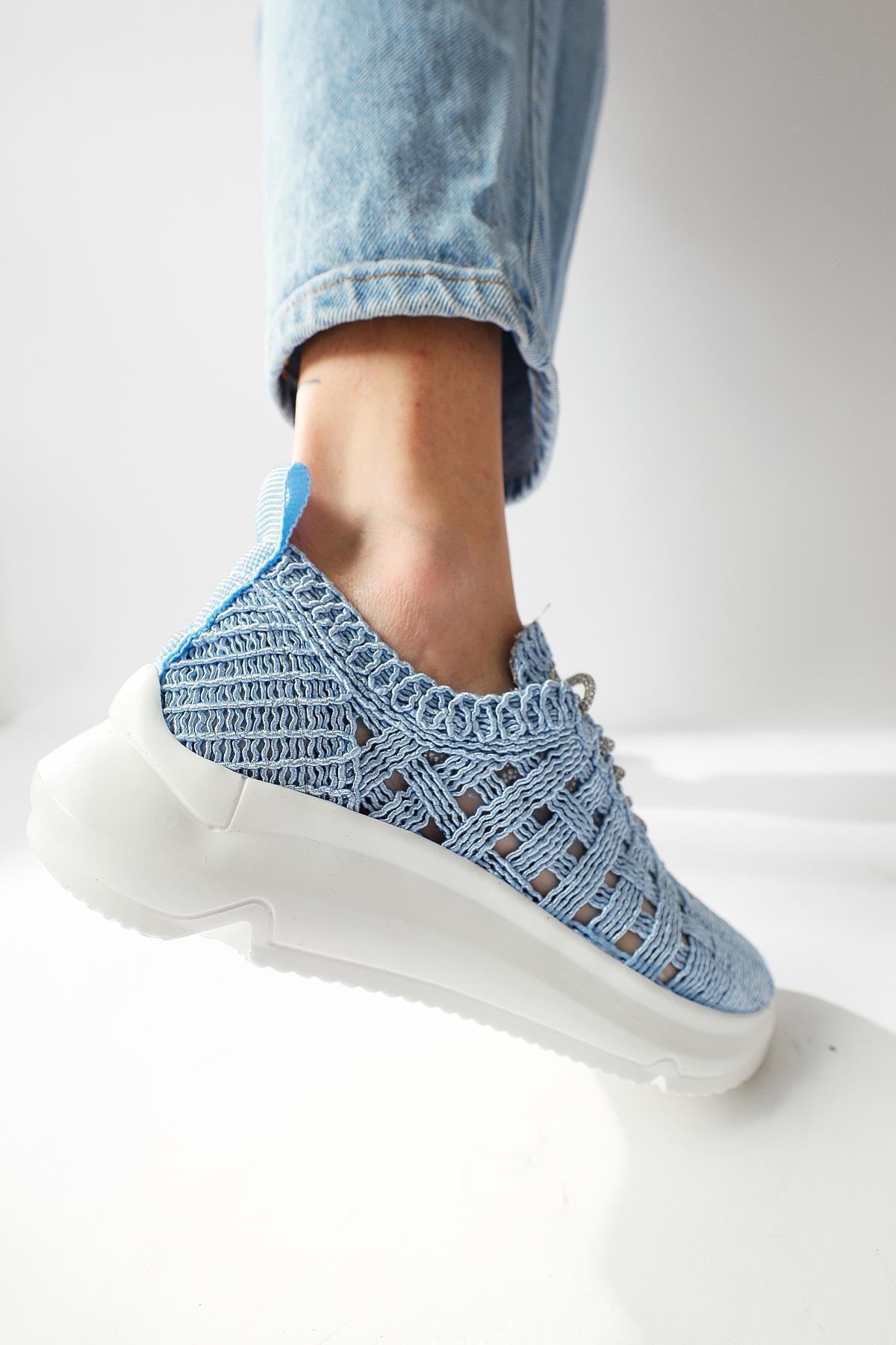 Melisia Blue Stone-Detailed Knit Sneakers