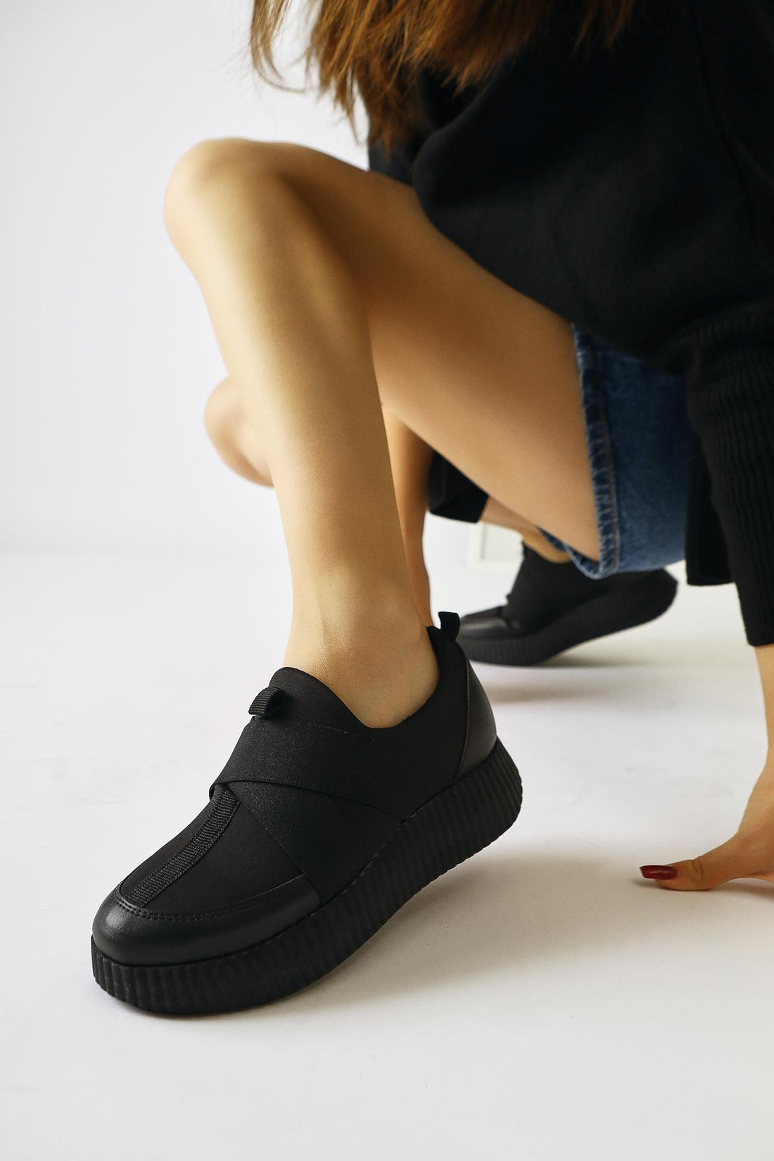 Hanah Black Scuba Fabric Detailed Cross Elastic Band Daily Shoe