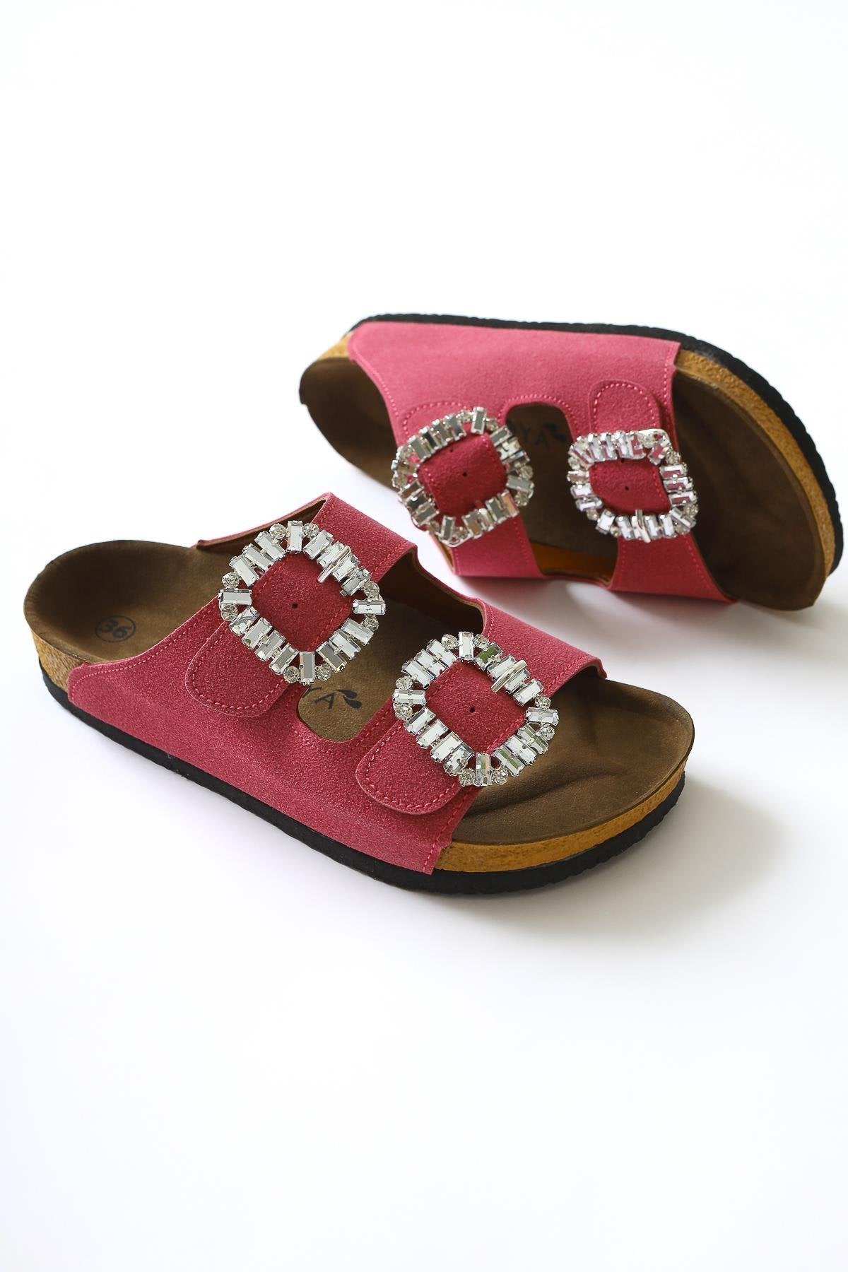 Brisa Fuchsia Suede Slippers with Stone Detail and Double Straps