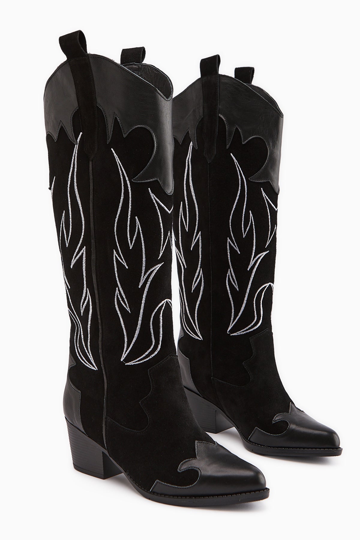 Lara Genuine Leather – Black Suede Embroidered Leather-Detail Heeled Western Knee-High Boot (Women)