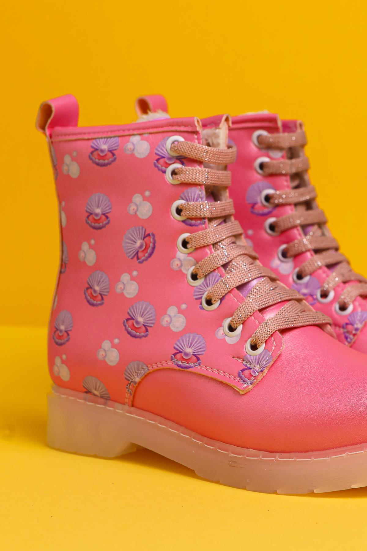 Freda Pink Sea Creature Print Lace-Up Light-Up Kids Boots