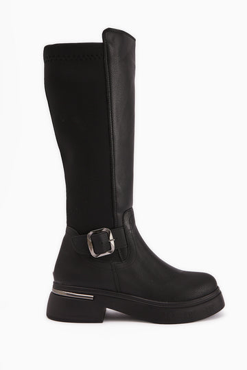 Faria Black Diving Fabric Detailed Buckled Thick Sole Boots