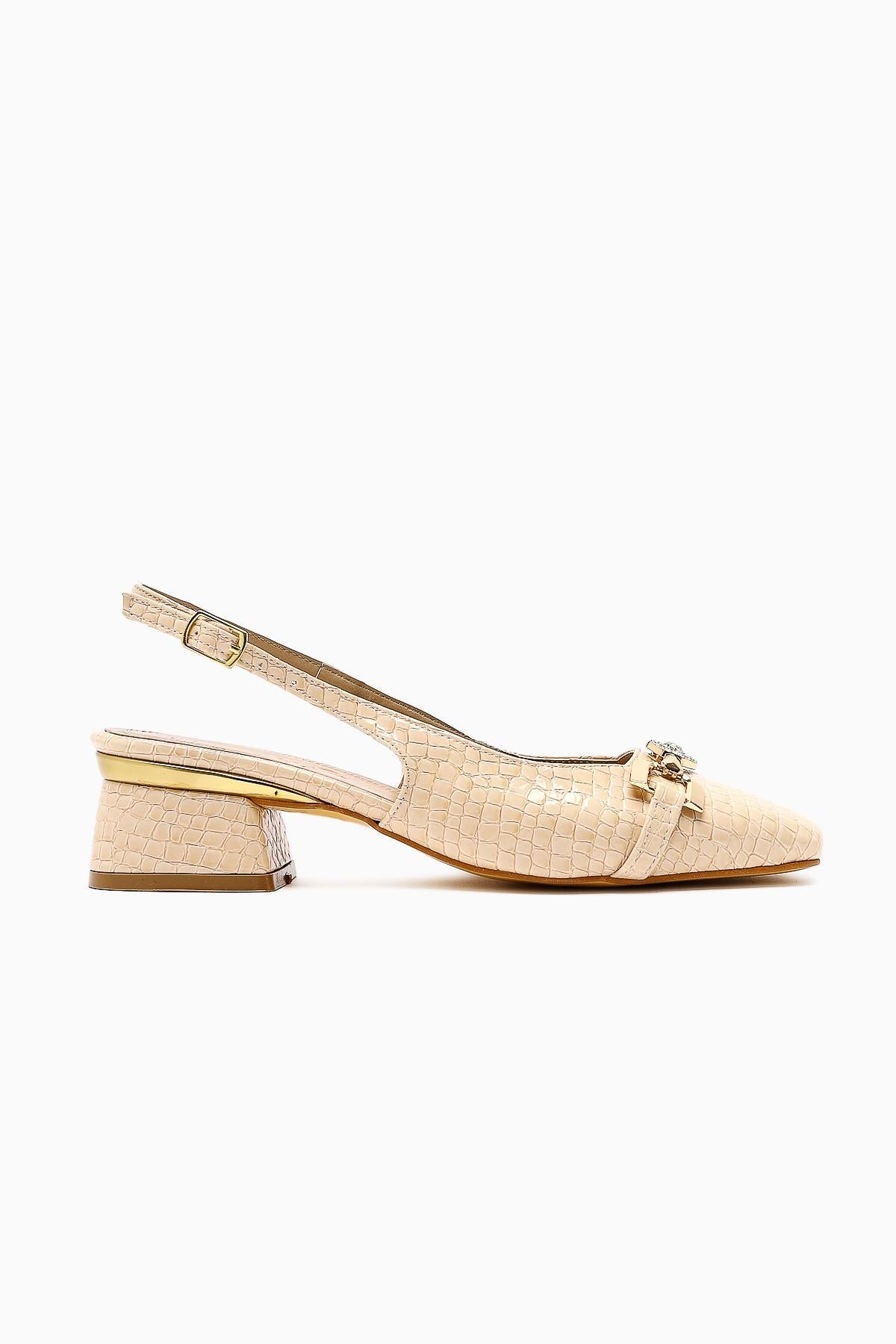 Tai Beige Crocodile Stone Detailed Women’s Heeled Shoes
