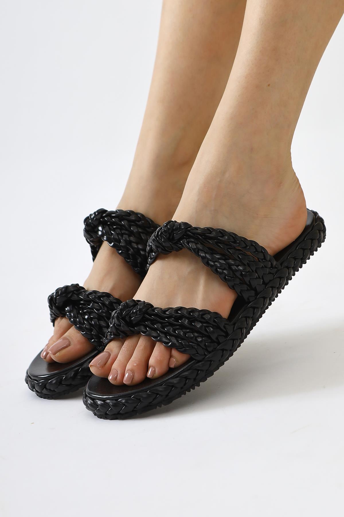 Nessa Black Patent Leather Woven Strap Slippers
