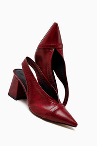 Essie Burgundy Pointed Toe Elastic Stitch Detail Chunky Heels