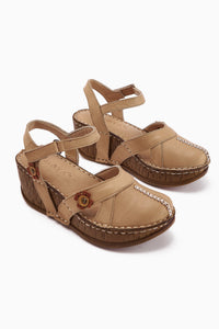 Genuine Leather Katlyn Beige Flower Detailed Closed Toe Wedge Sandal