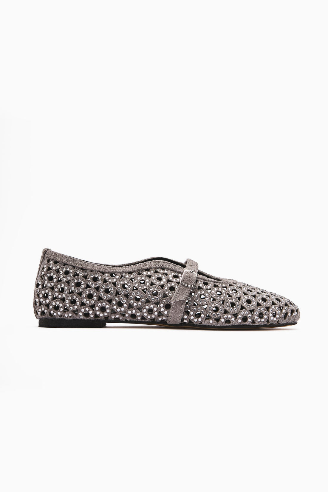 Nicki Grey Suede Oval Toe Perforated Stone Detail Single Strap Women's Casual Shoe