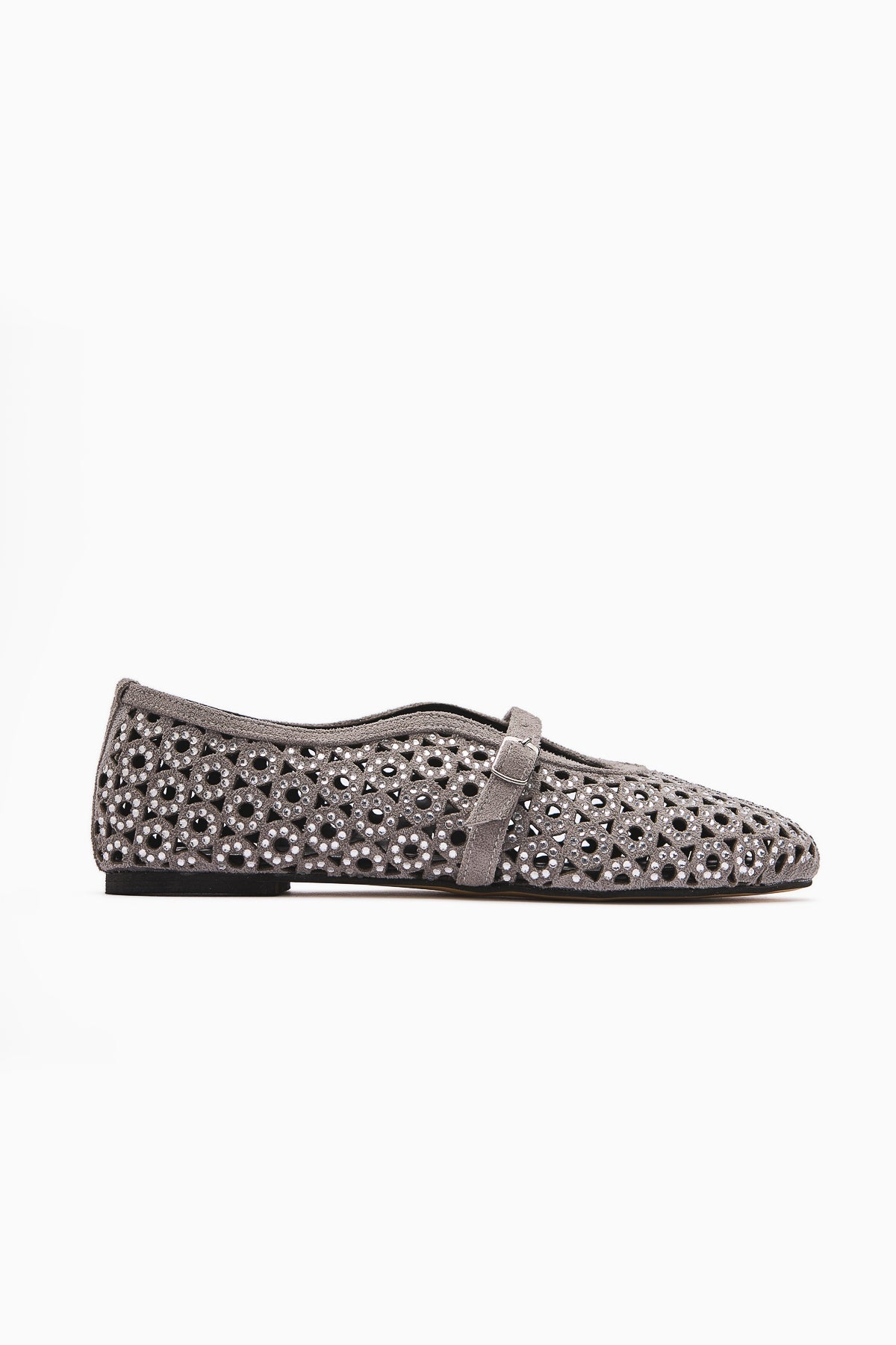 Nicki Grey Suede Oval Toe Perforated Stone Detail Single Strap Women's Casual Shoe