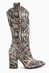 Keri Snake Print Asymmetrical Cut Women’s Short Heeled Boots