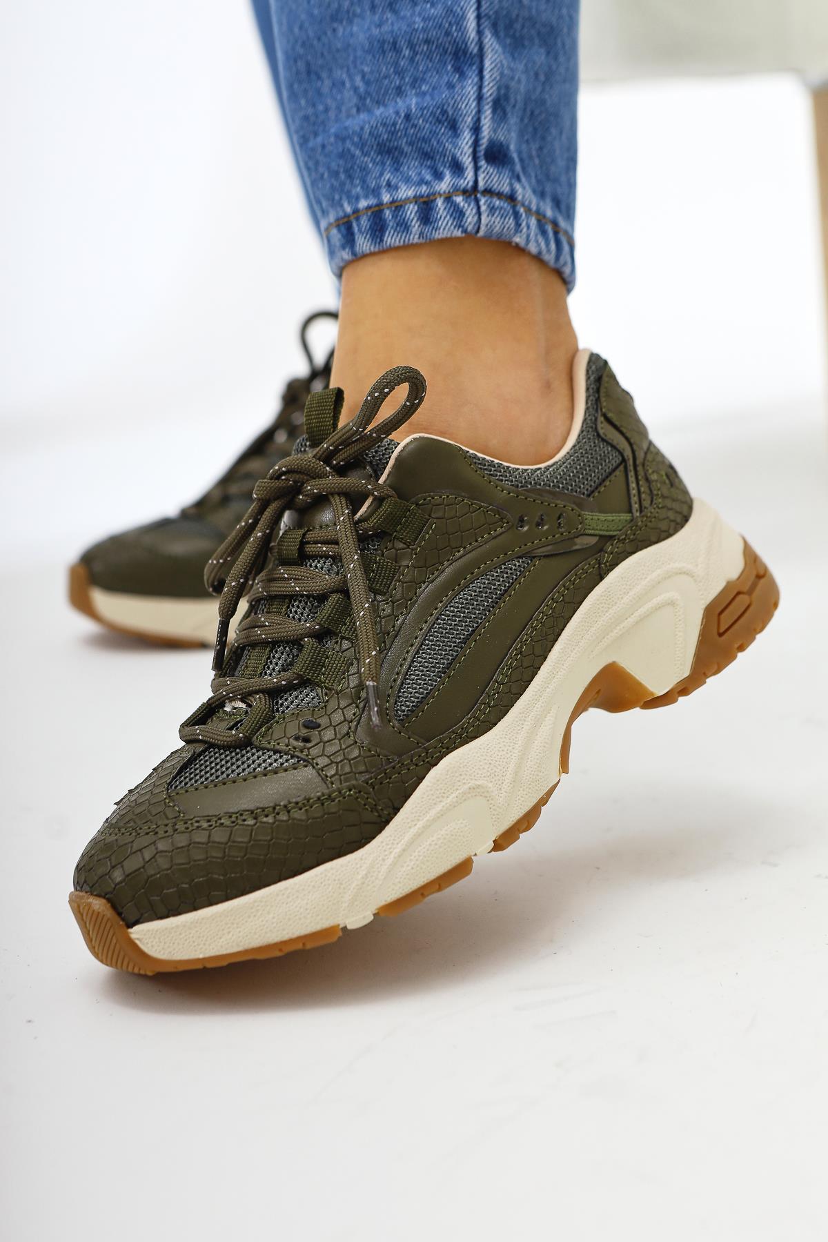 Caisa Olive Textile Detail Lace-Up Women's Sneakers