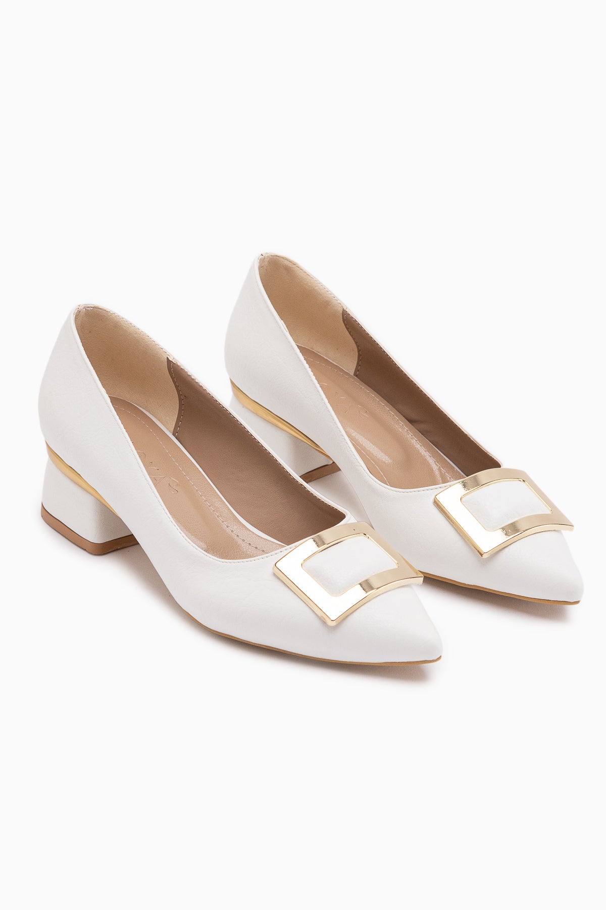 Charoline White Buckled Short Heeled Pointed Shoes