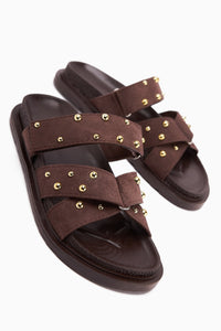 Mino Coffee Cross-Strap Studded Women's Slippers