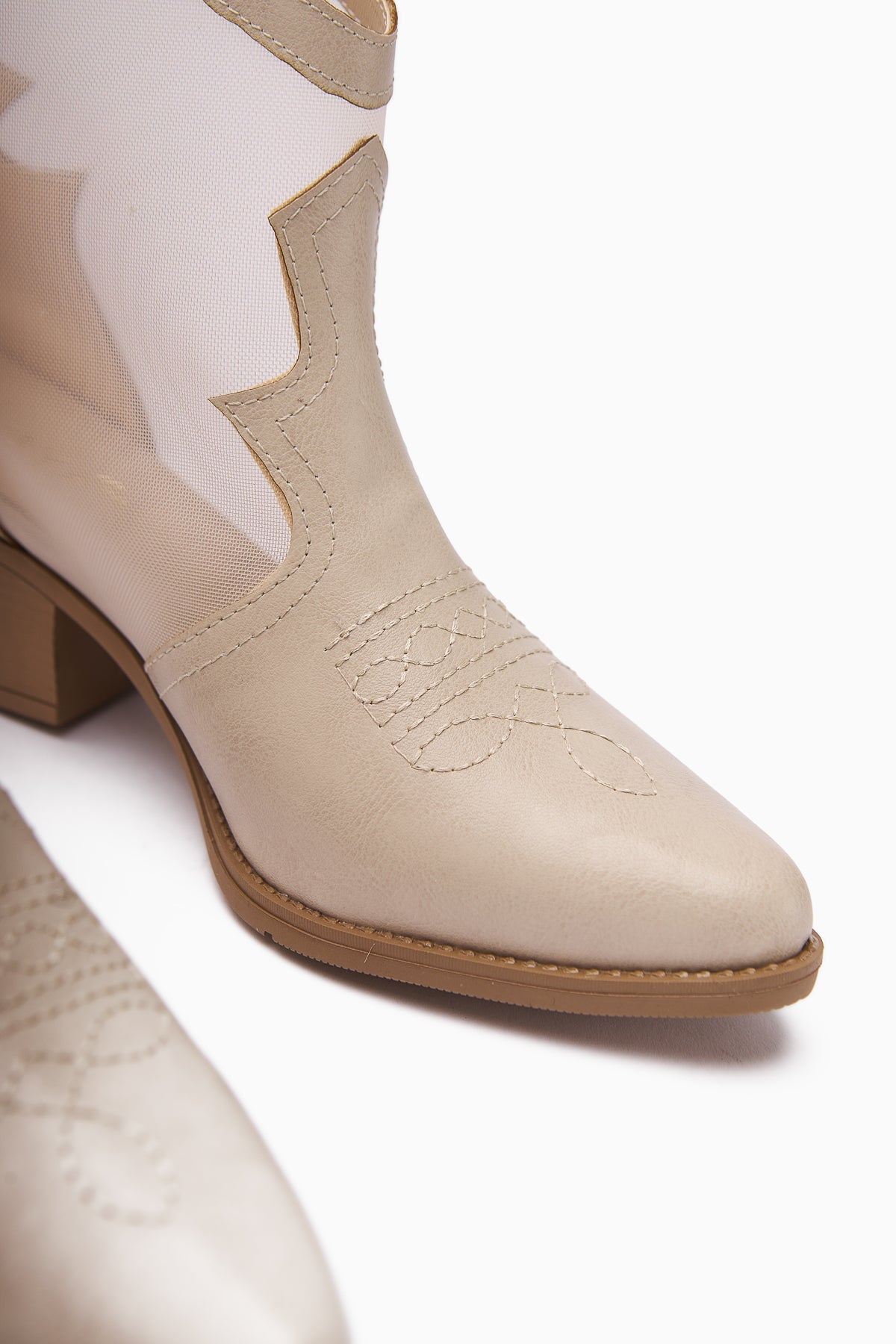 Sevala – Beige Embroidered Transparent-Detail Western Summer Boot (Women)