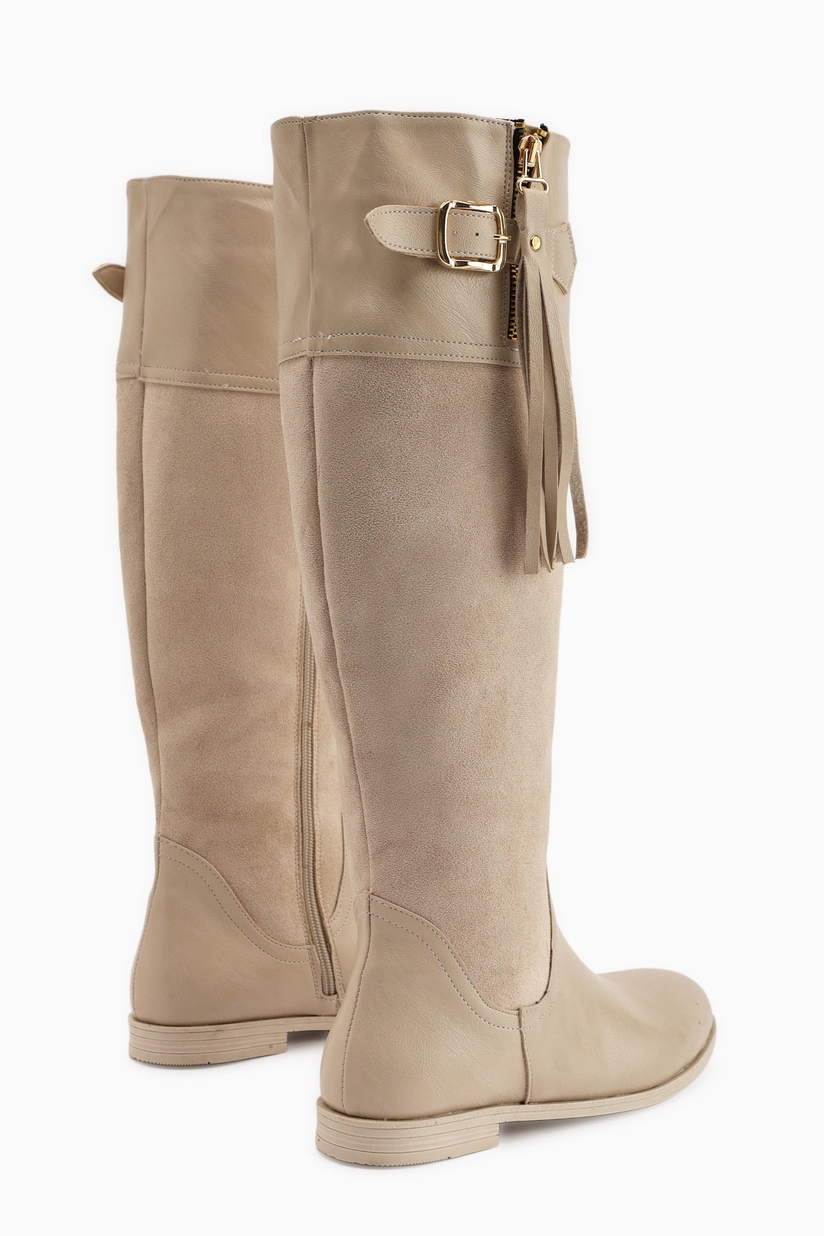 Galia – Beige Suede Buckle Knee-High Boot (Women)