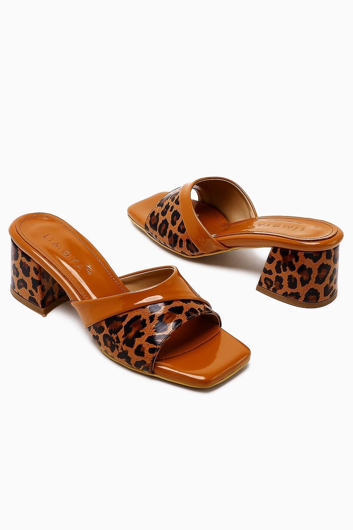Morena Coffee Patent Leather Low Heeled Slipper with Leopard Detail