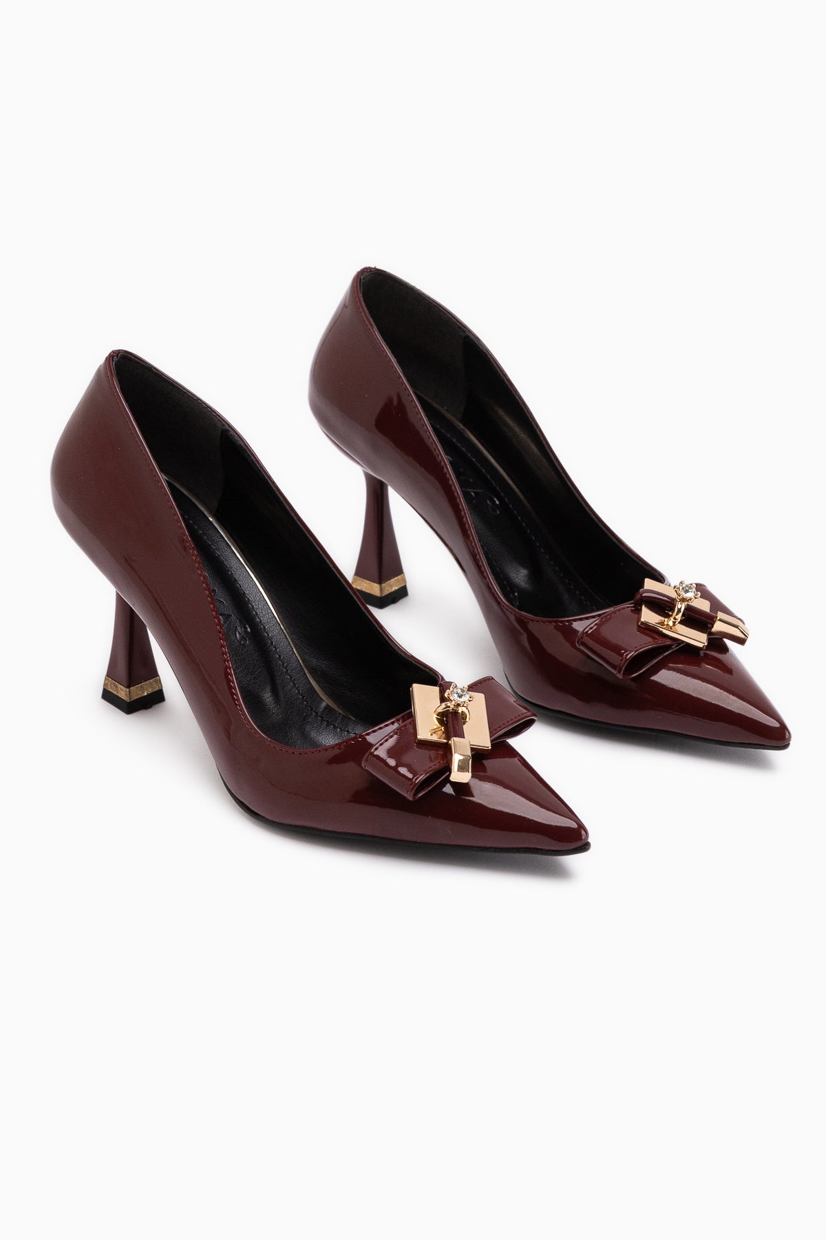 Mimosa Burgundy Patent Leather Pointed Toe Single Stone Buckle Detailed Women’s Heeled Shoes