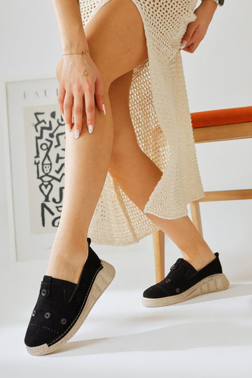 Bethina Black Suede Flat with Rivet Details and Laser Cutouts