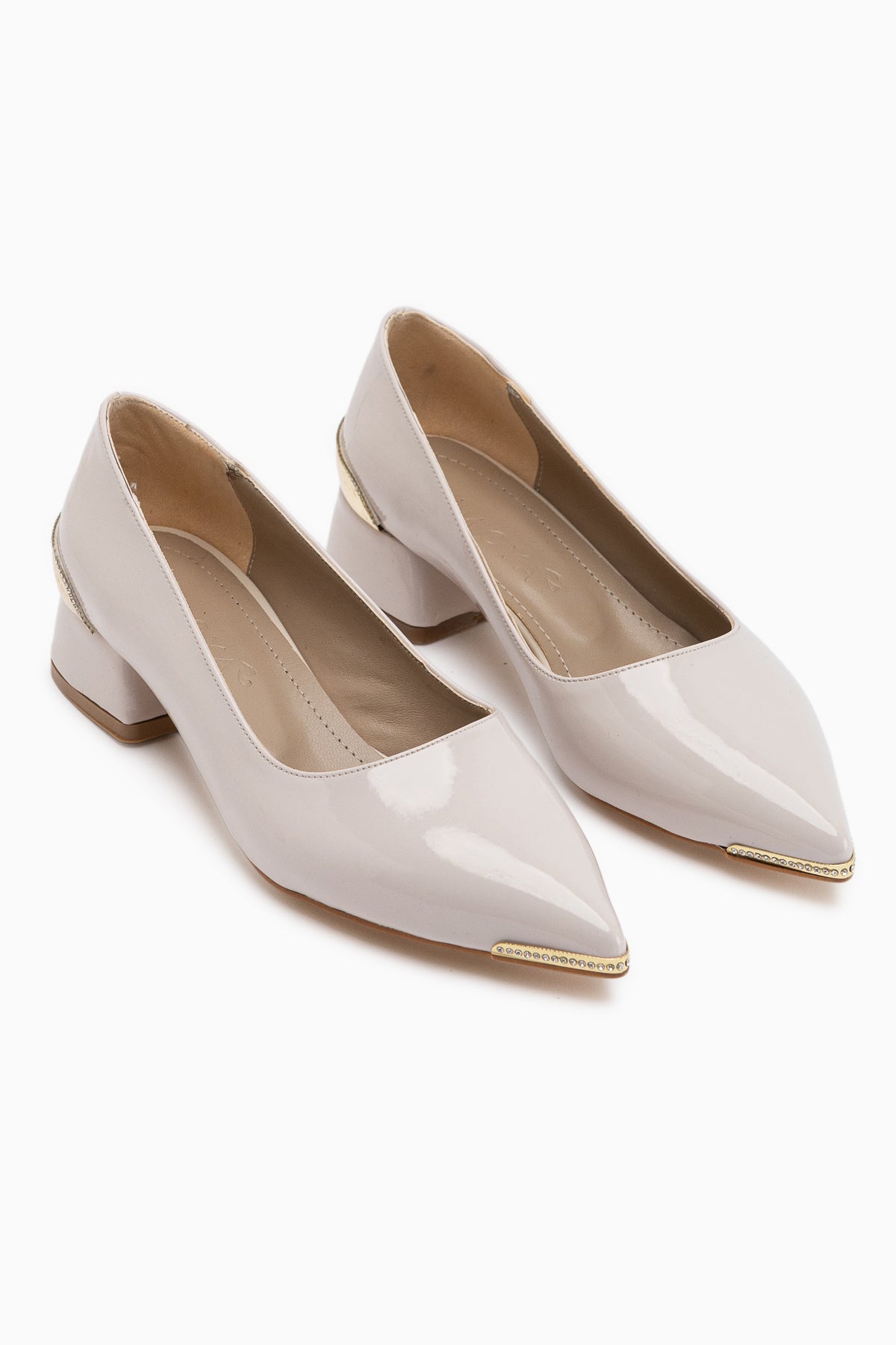Alica Beige Patent Pointed Toe Short Heeled Women’s Shoes with Stone Details