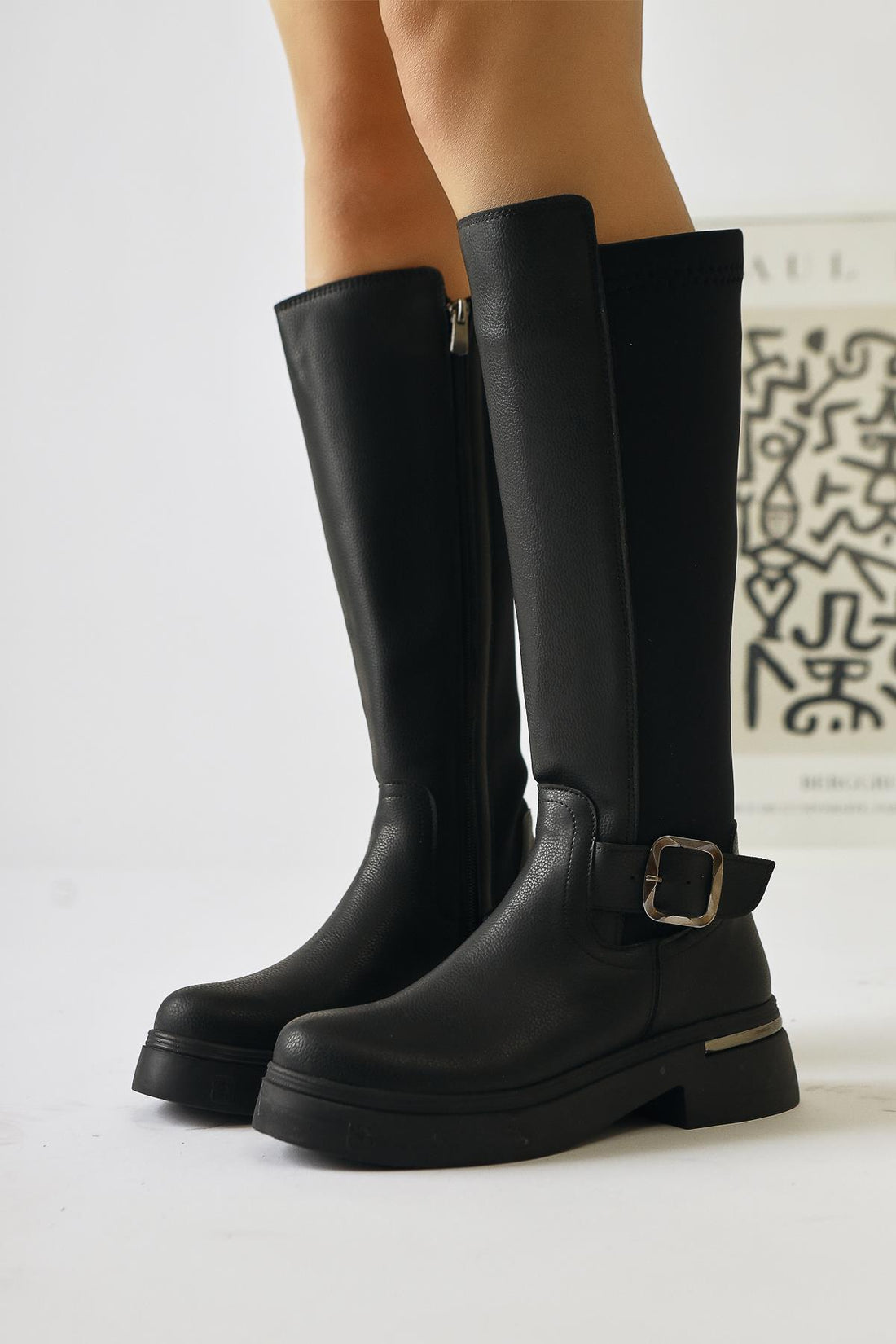 Faria Black Scuba Fabric Detail Buckled Chunky Sole Boot