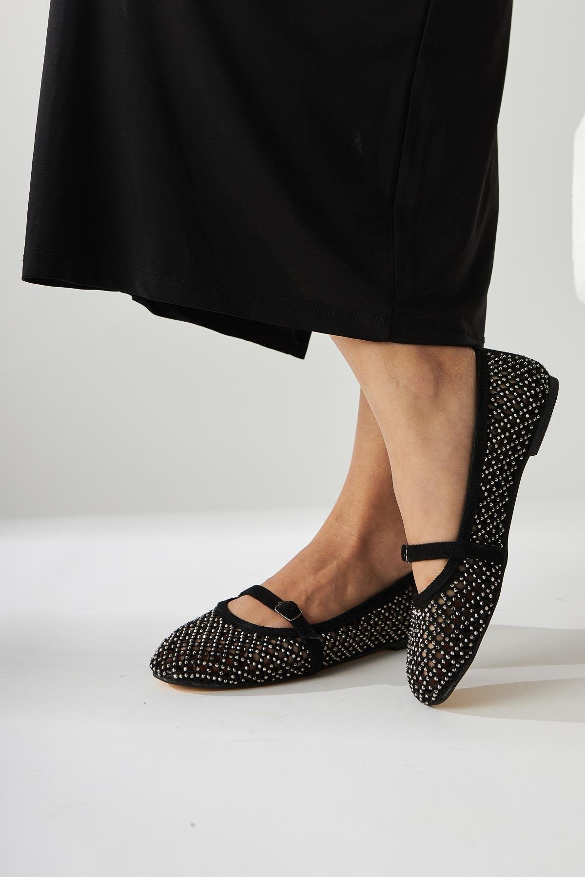 Nicole – Black Suede Oval-Toe Perforated Stone-Detail Single-Band Shoe (Women)