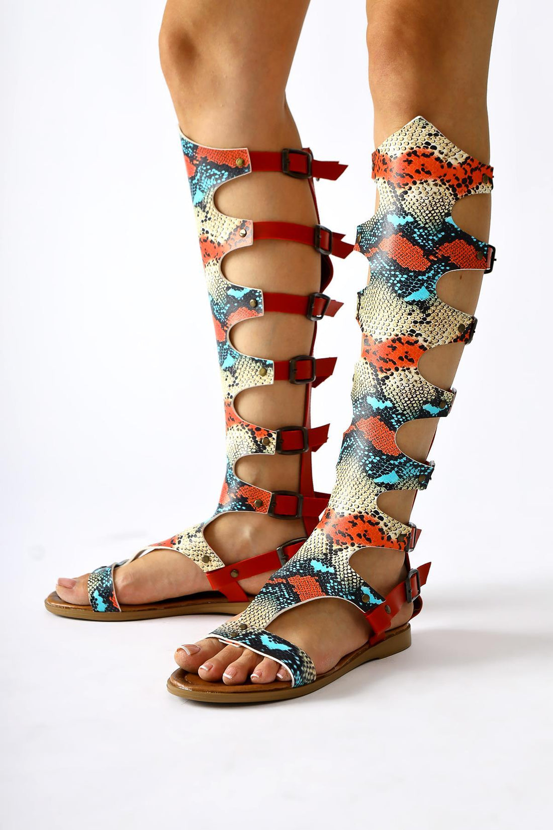 Genuine Leather Lilith Red-Color Snake Skin Pattern Knee-High Gladiator Sandal