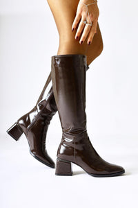 Miami Brown Patent Leather Square Toe Boots