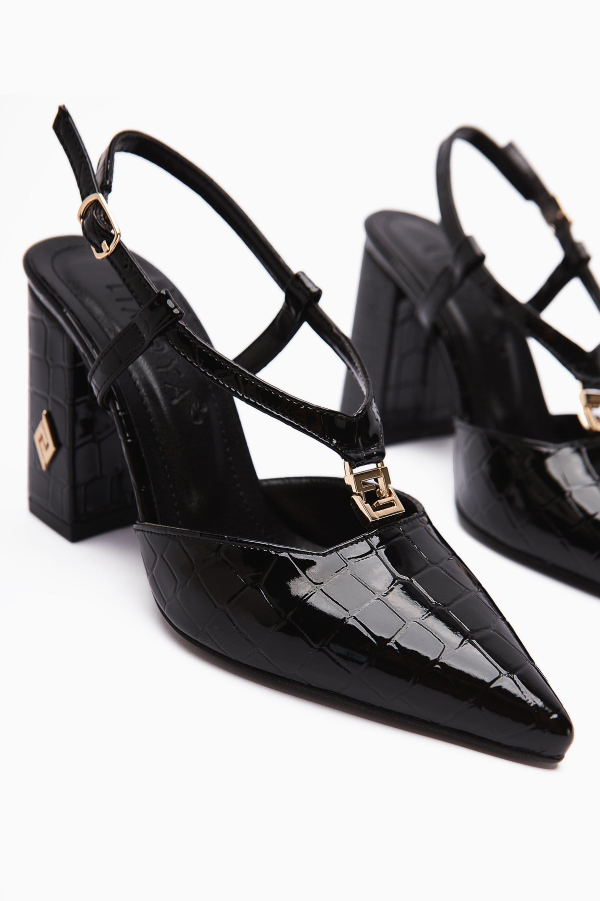 Celina Black Crocodile Patterned Pointed Toe Women’s Heeled Shoes