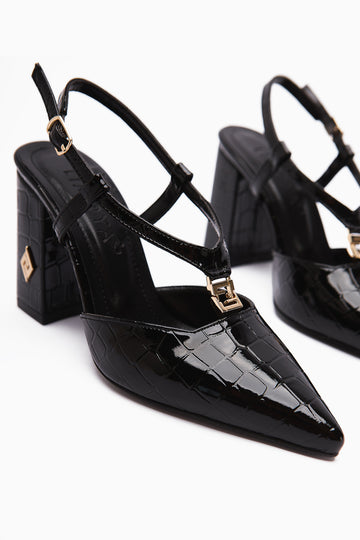 Celina Black Crocodile Patterned Pointed Toe Women’s Heeled Shoes