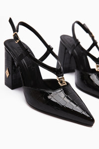 Celina Black Crocodile Patterned Pointed Toe Women’s Heeled Shoes