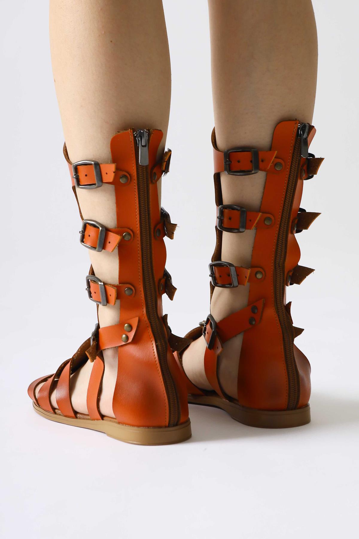 Baisa Genuine Leather Flat Sandals in Orange with Buckle Detail