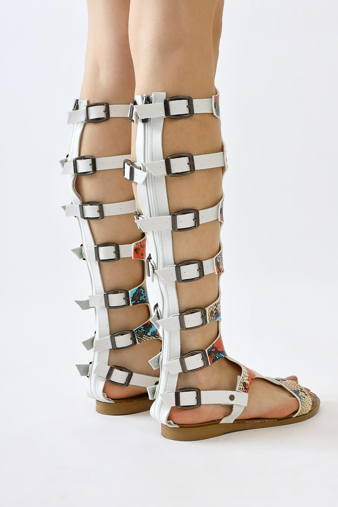 Lilith Genuine Leather White Snake Skin Patterned Knee-High Gladiator Sandal