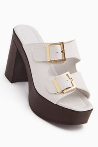 Leida White Buckled Platform Heeled Women’s Slippers