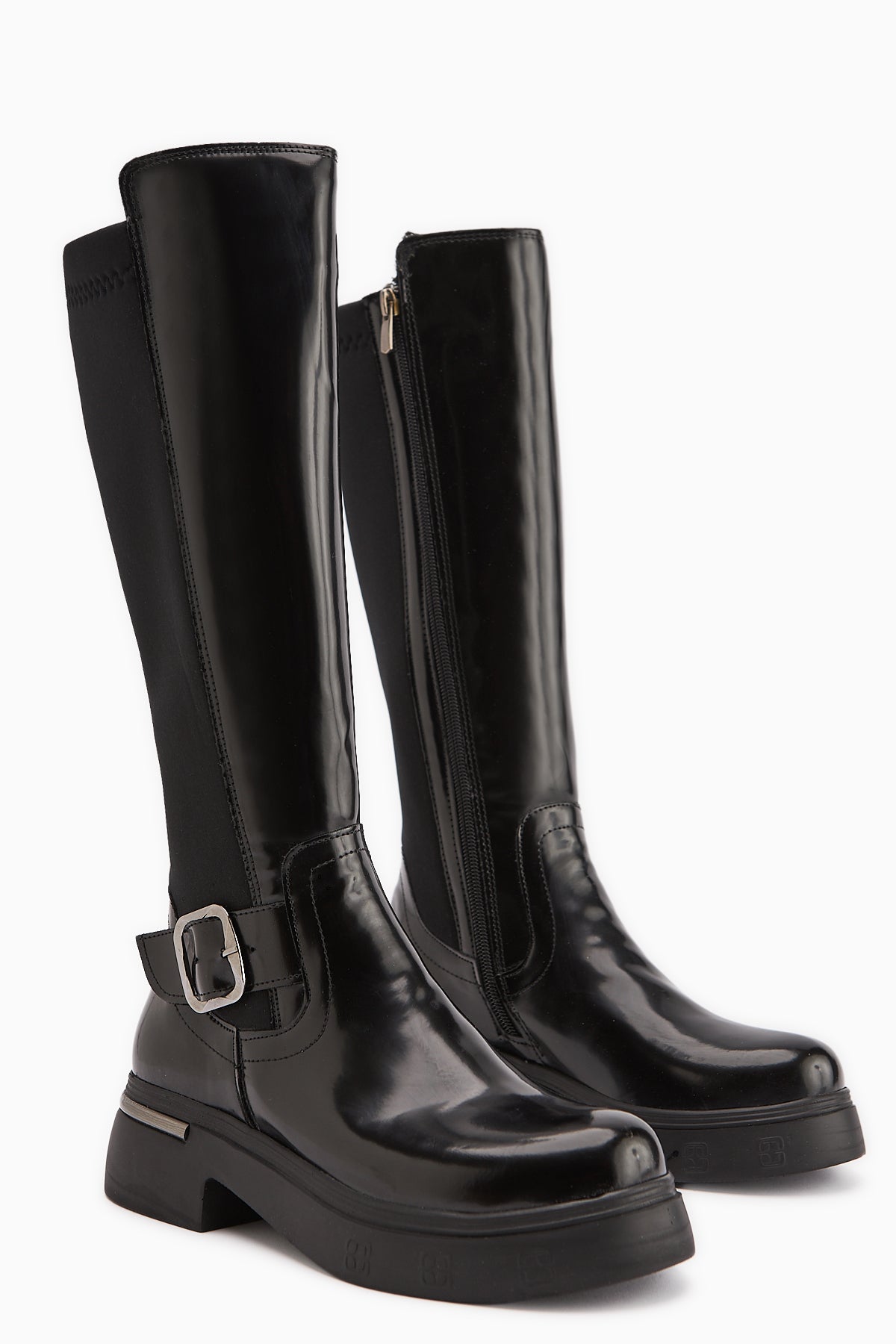 Faria Black Patent Leather Diver Fabric Detailed Buckled Thick Sole Boots