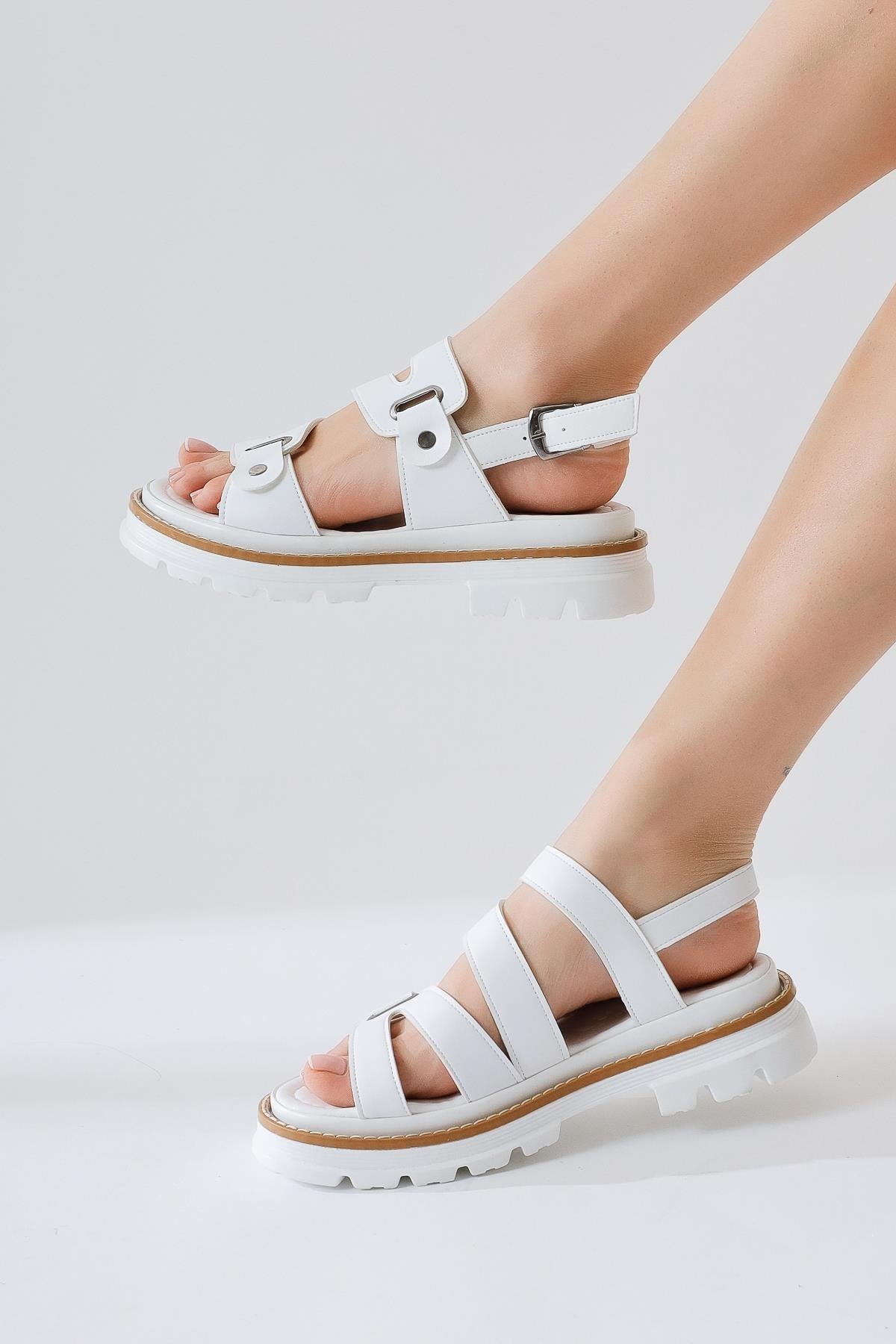 Aima White Studded Buckle Detailed Stitched Sandals