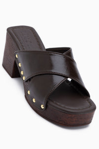 Jamela Brown Cross Strap Women’s Heeled Slippers