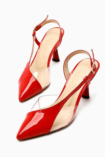 Aliah Red Patent Leather Pointed Toe Pumps with Transparent Detail