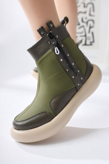 Maeda – Olive Neoprene Stud-and-Zipper Detail Boot (Women)