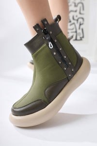 Maeda – Olive Neoprene Stud-and-Zipper Detail Boot (Women)