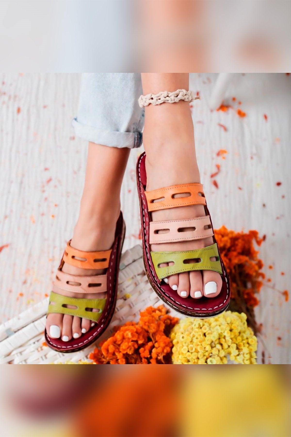 Joelle – Genuine Leather Burgundy Green Blush Orange Laser-Cut Slide