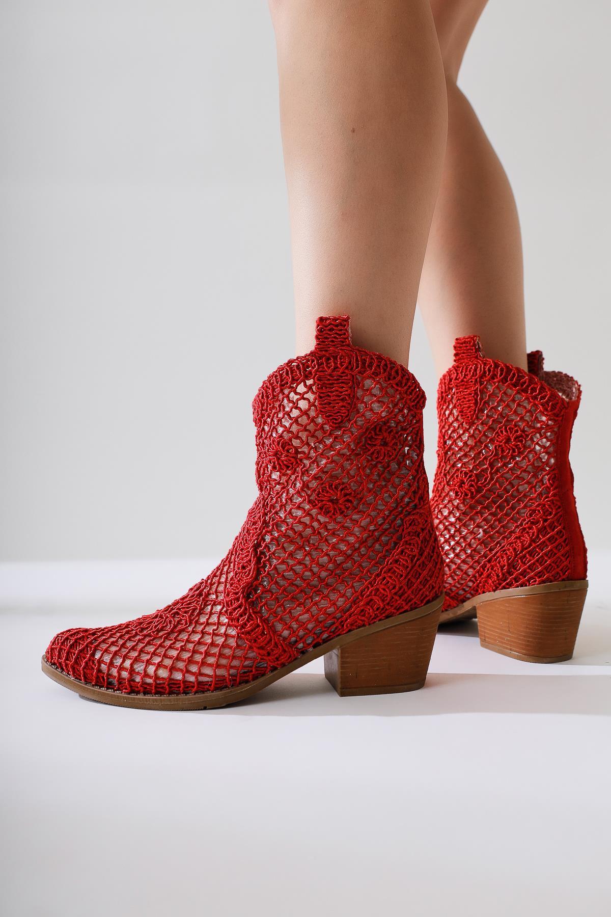 Tersa - Red Short-Shaft Woven Lace Floral-Detail Cowboy Summer Boot (Women)