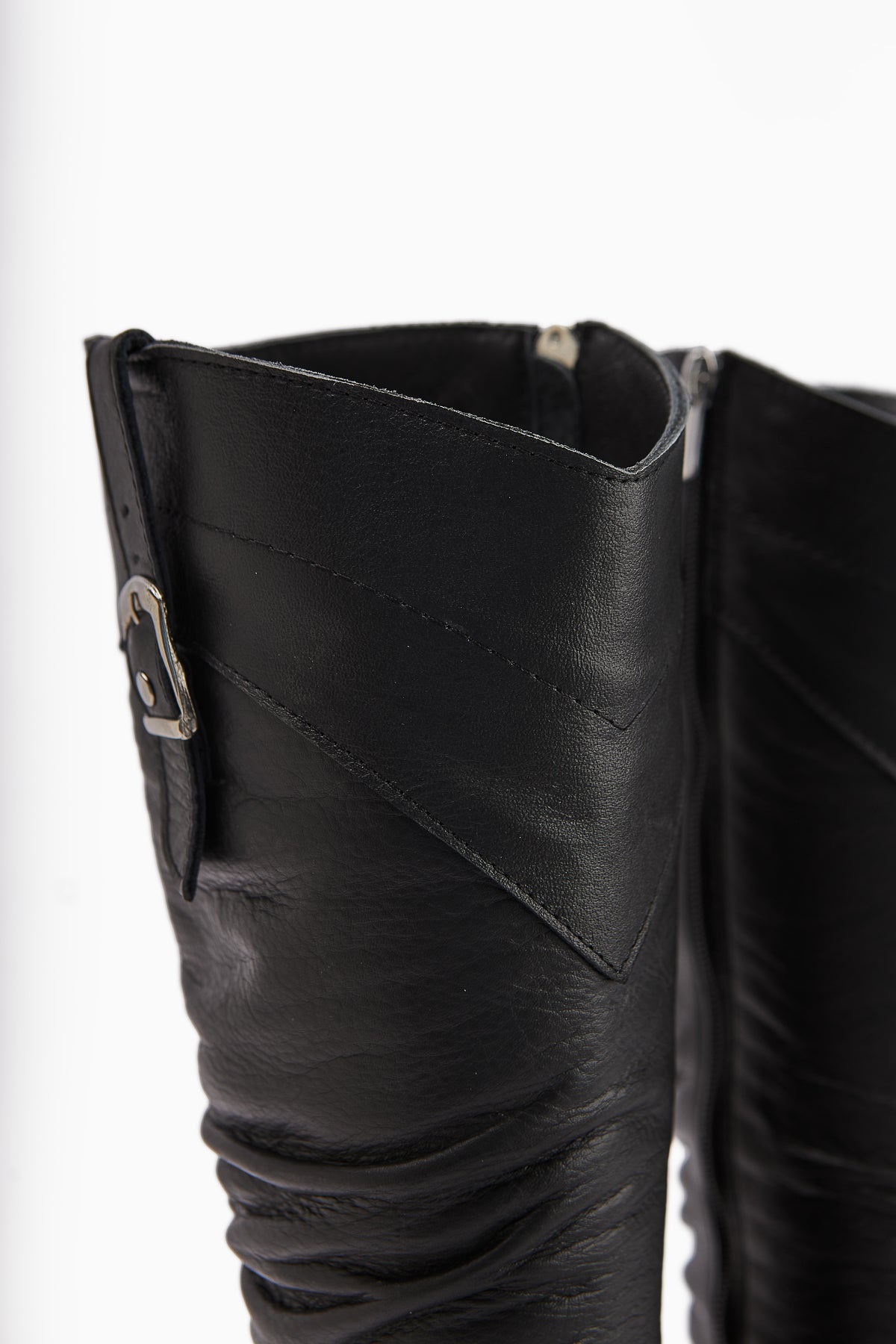 Ting Genuine Leather – Black Buckle-Detail Heeled Knee-High Boot (Women)