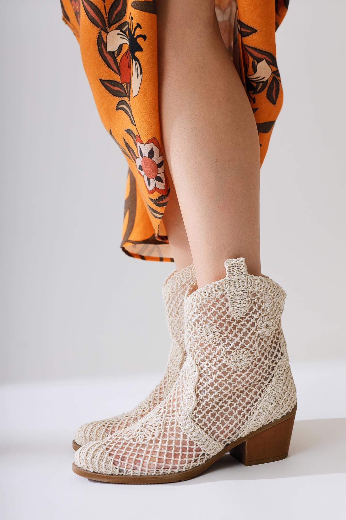 Tersa – Beige Short-Shaft Woven Lace Floral-Detail Cowboy Summer Boot (Women)