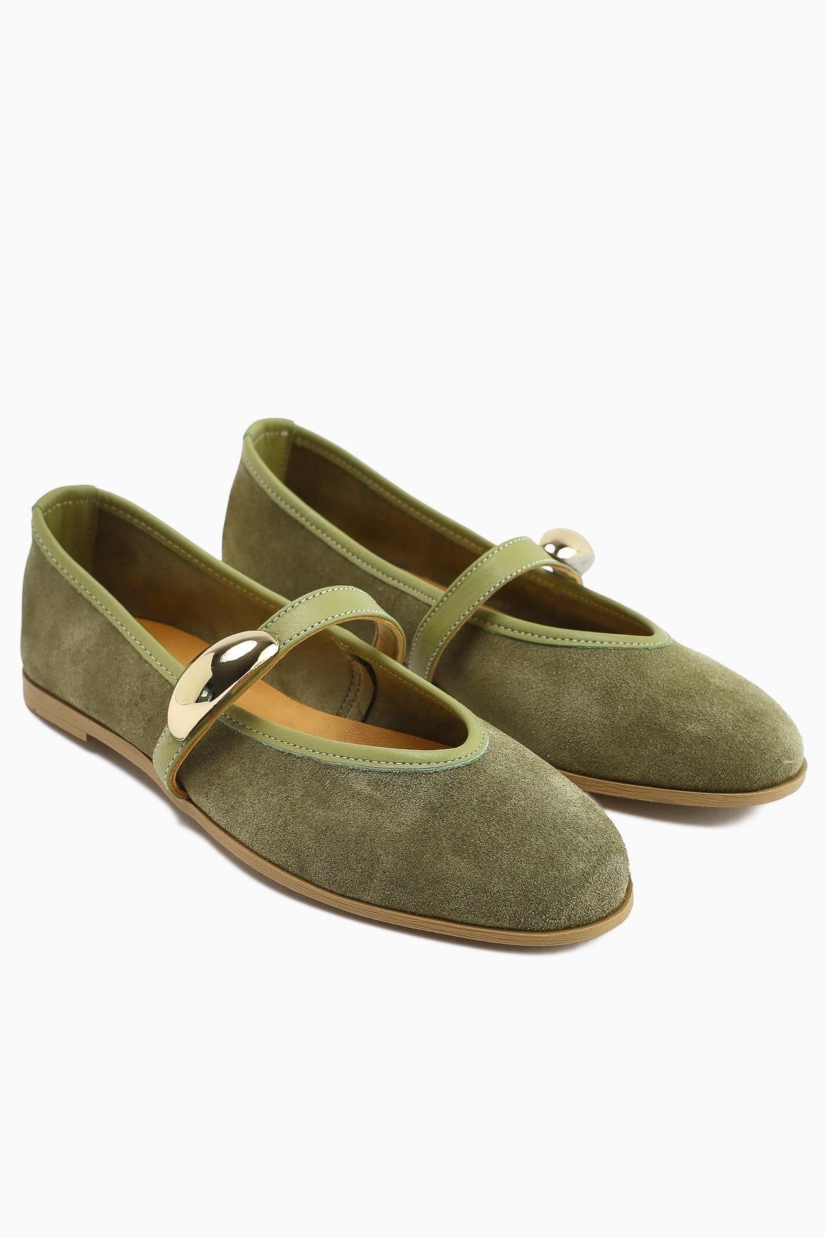Aliana – Genuine Leather Olive Suede Buckle-Detail Ballet Flat (Women)