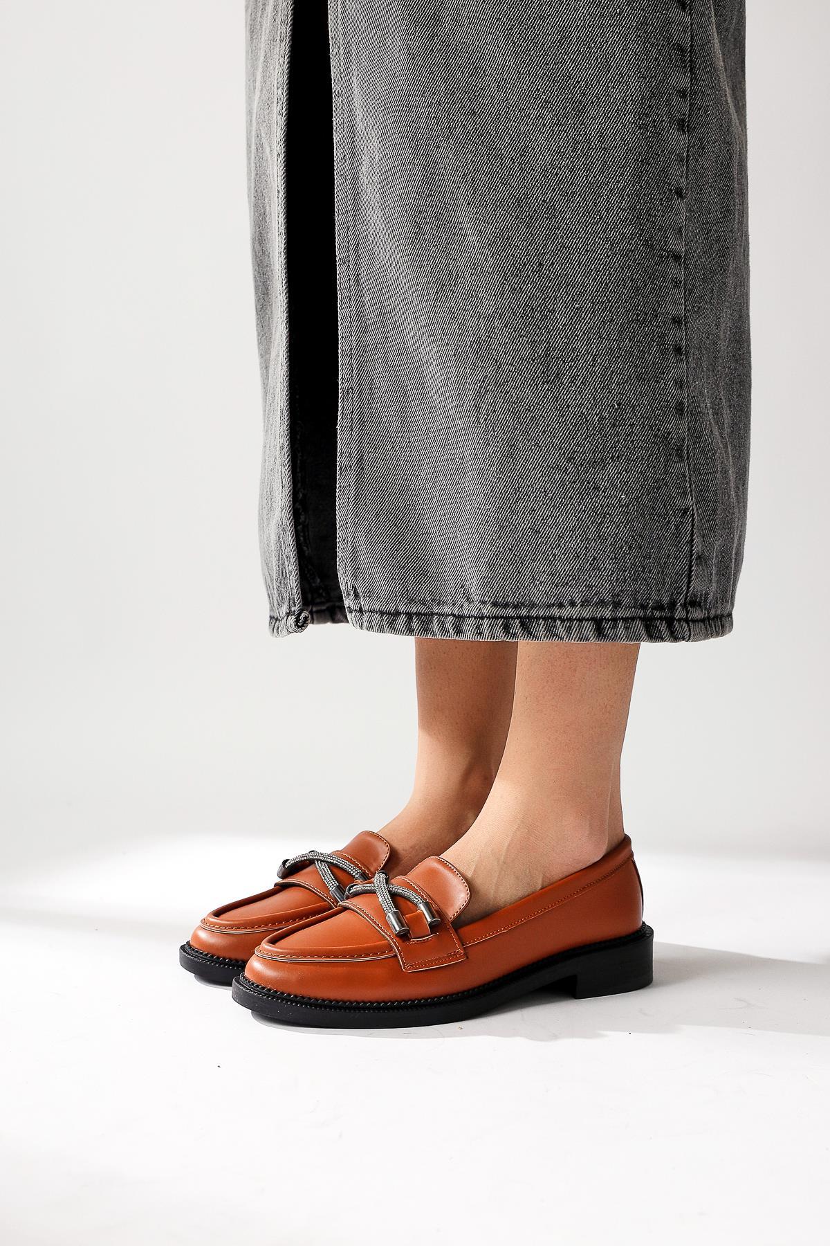 Evina – Cognac Stone-Detail Buckle-Detail Loafer (Women)