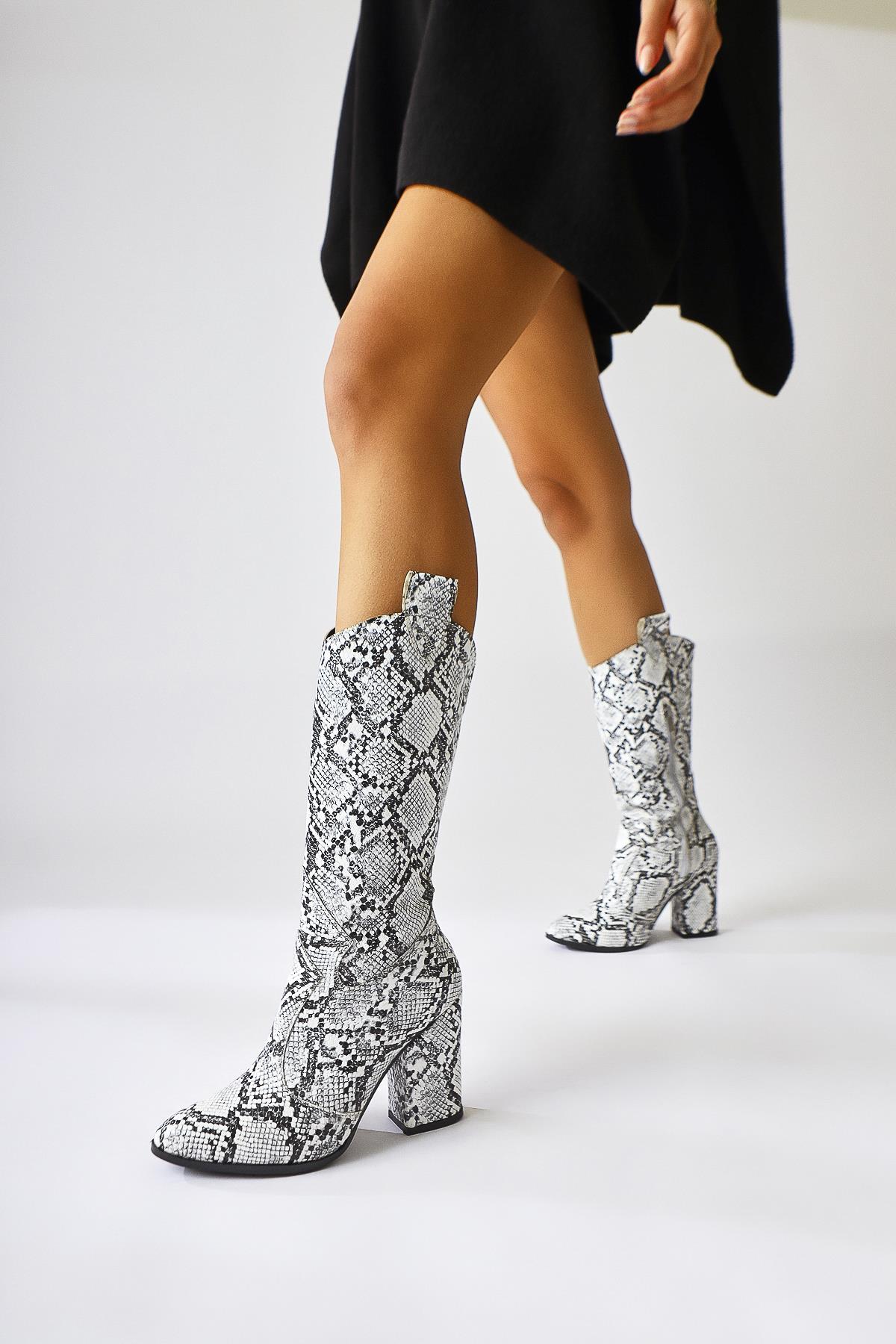 Keri White Snake Pattern Asymmetric Cut Heeled Ankle Boot