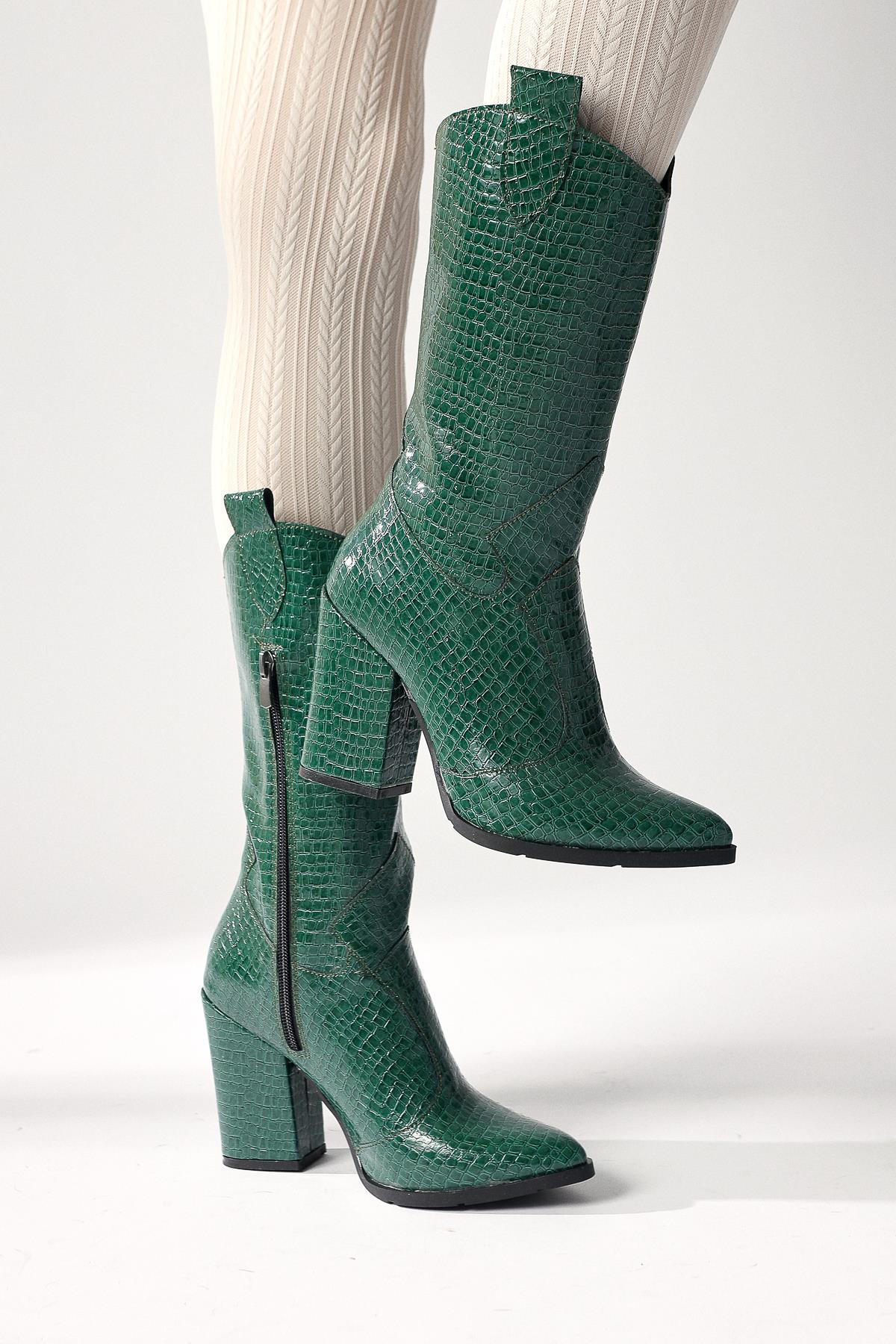 Keri Green Crocodile Asymmetric Cut Heeled Ankle Boot